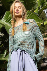 POL Side Slit Openwork Long Sleeve Knit Cover Up OutfitFlow